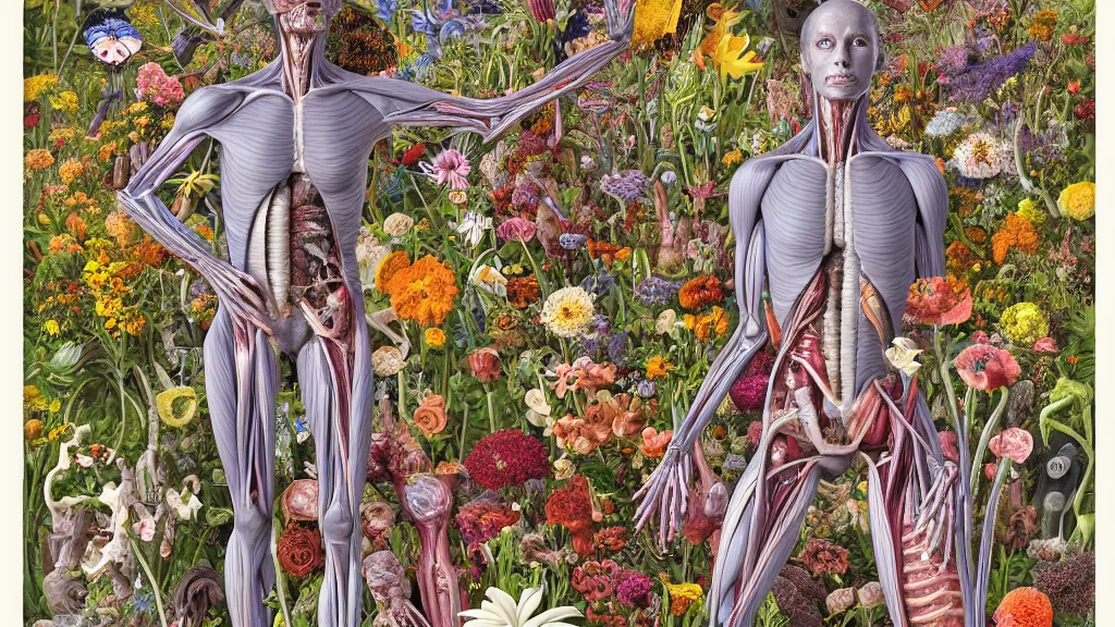 Image similar to highly detailed illustration of human anatomy surrounded by all the known species of flowers by juan gatti!!, by gottfried bammes, by moebius!, by george bridgman, by oliver vernon, by joseph moncada, by damon soule, by manabu ikeda, by kyle hotz, by dan mumford, by kilian eng