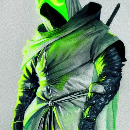 Image similar to realistic and professional watercolor artwork of a dark fantasy hooded ninja warrior with neon green lines, futuristic style outfit, super detailed, trending on artstation, concept art, portrait, dramatic light, painted by greg rutkowski