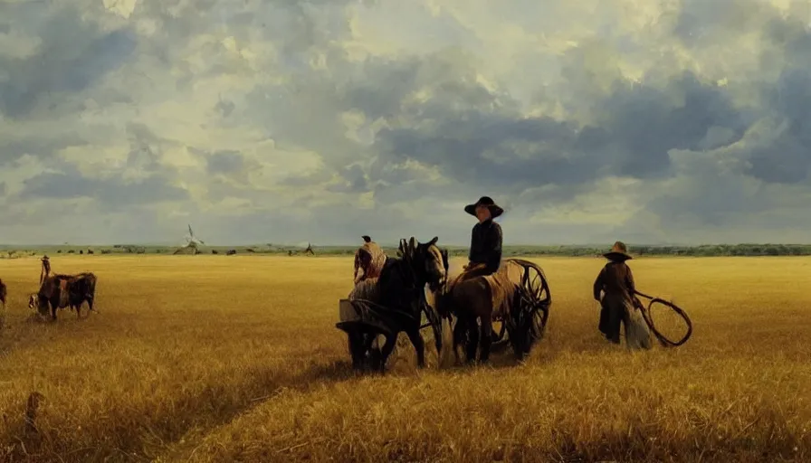 Image similar to simple amish farmers shocking hay in open fields, art by anders zorn, wonderful masterpiece by greg rutkowski, beautiful cinematic light, american romanticism thomas lawrence, greg rutkowski