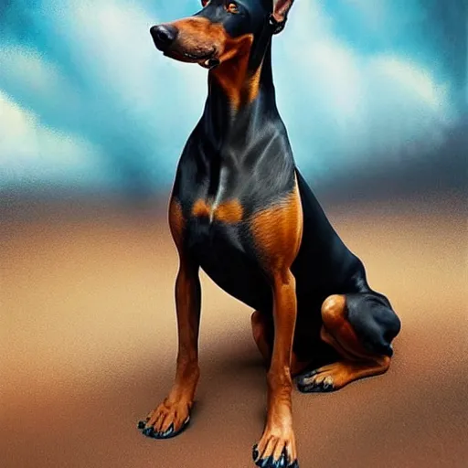 Image similar to michal karcz cartoon painting of a Doberman. , detailed, elegant, intricate, 4k,