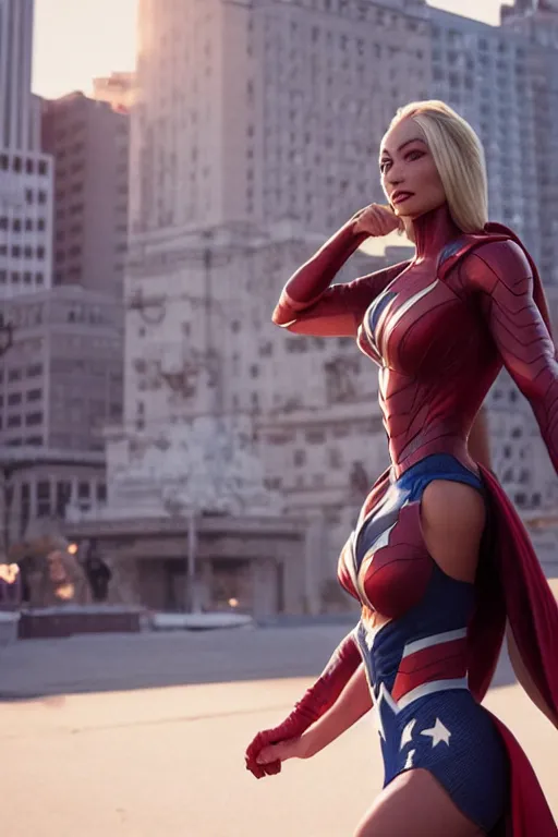 Image similar to VFX movie still frame portrait beautiful DC vs. Marvel hero Lindsey pelas natural skin, hero pose, natural evening light in the city by Emmanuel Lubezki