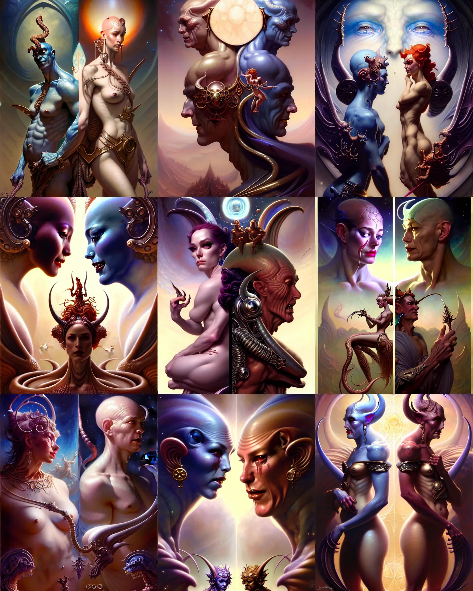 Prompt: beautiful gemini good and evil, happy and sad faces, fantasy character portrait, ultra realistic, wide angle, intricate details, john carter artifacts, highly detailed by peter mohrbacher, boris vallejo, hajime sorayama, wayne barlowe, aaron horkey, gaston bussiere, craig mullins