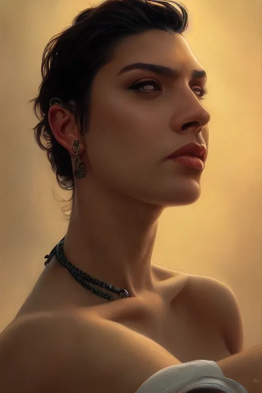 Image similar to photorealistic portrait of a young butch latina professional woman, handsome, female, masculine, upper body, fantasy, fierce, sharp features, intricate, elegant, highly detailed, digital painting, artstation, concept art, matte, sharp focus, illustration, art by artgerm and greg rutkowski and alphonse mucha