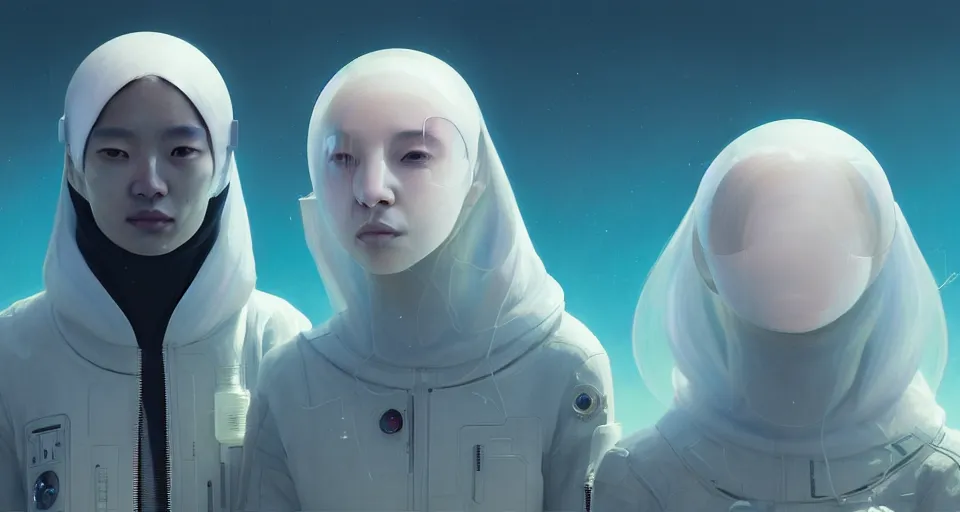 Prompt: portrait of yael shelbia and kang seul - gi, venus squid astronaut, burka, white hair, intricate design details. cyberpunk symmetrical facial, by ruan jia and beeple. smooth gradients, deep space.