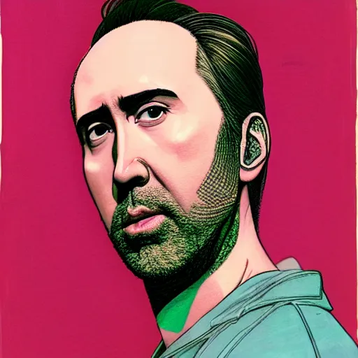 Image similar to prompt : pink nicolas cage illustration portrait soft light painted by james jean and katsuhiro otomo and erik jones, inspired by evangeleon anime, smooth face feature, intricate oil painting, high detail illustration, sharp high detail, manga and anime 1 9 9 9