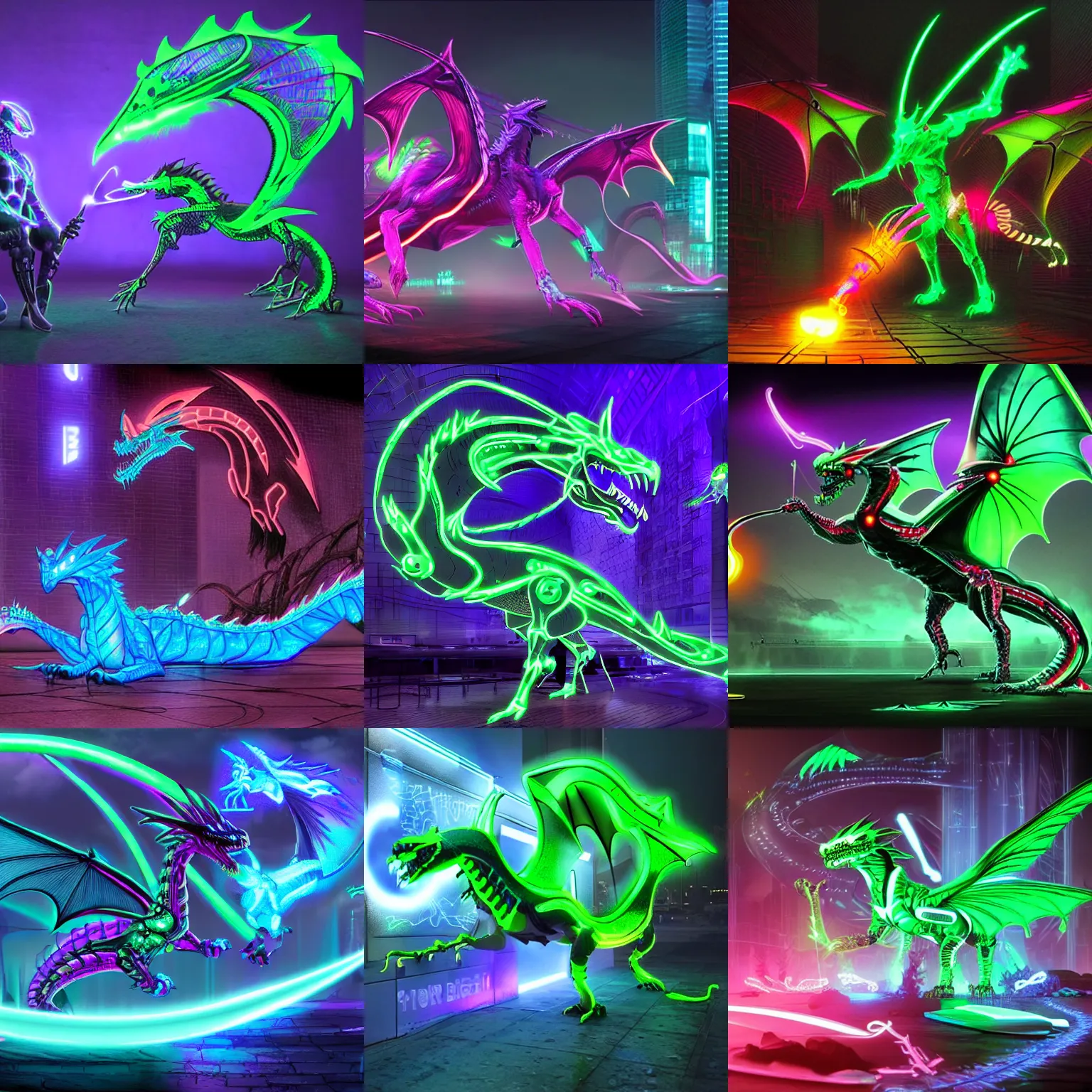 Prompt: neon cybernetic dragons casting spells, futuristic, realistic