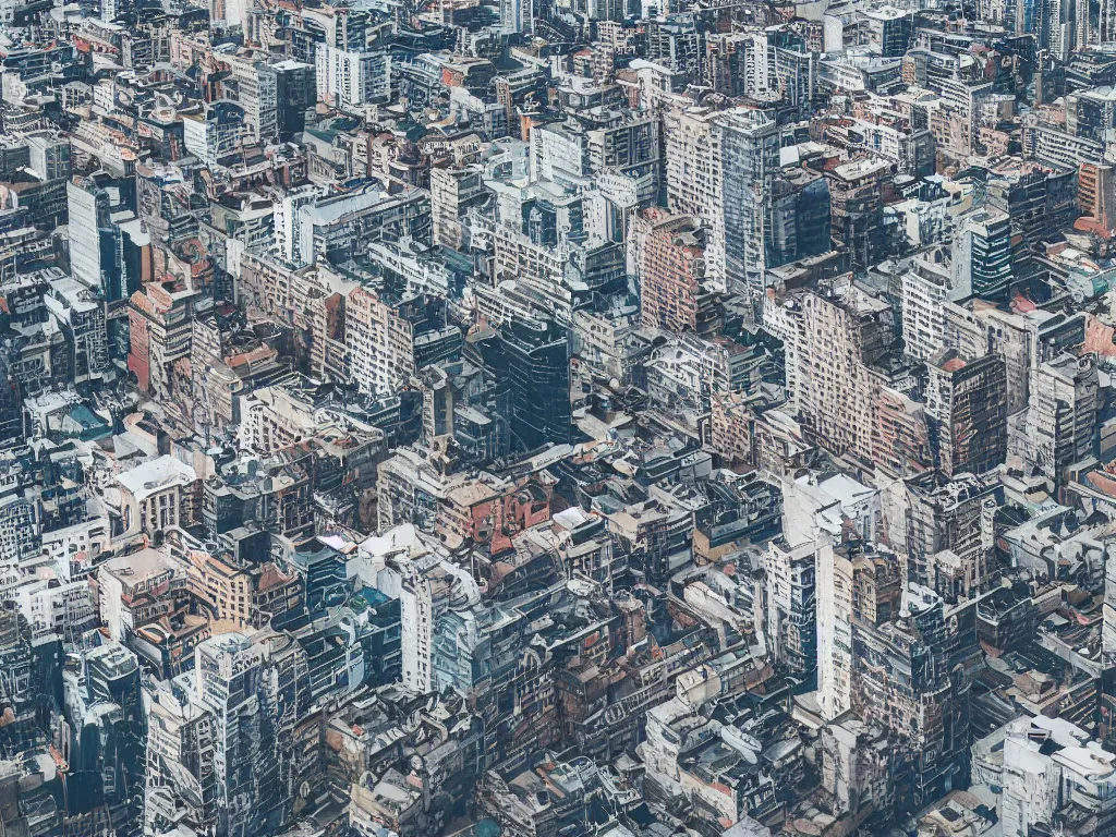 Image similar to drone view of a city, Brutalist architecture, horizon shot, sharp focus, telephoto lens, digital art 4k