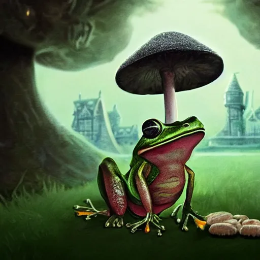 Image similar to A portrait of a scary godlike anthropomorphic frog smoking a cigarette , mansion made of mushrooms in background . award winning. superb resolution. in the art style of junji Ito and greg rutkowski . Detailed Mushroom city in background. Hyper realistic anime. Perfect art. Dalle2