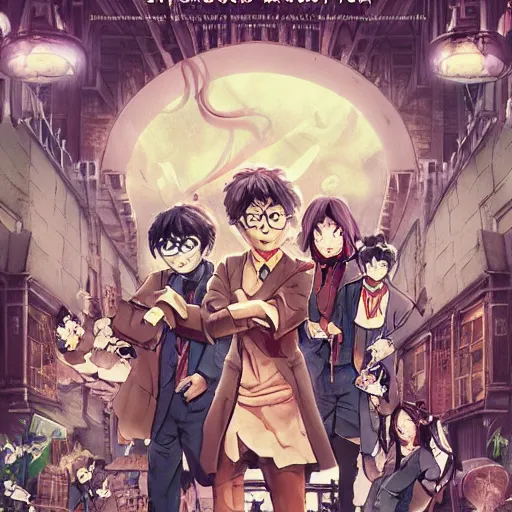 Image similar to poster for a film fantasy japanese animation called harry potter's fantastic chocolate factory, 8 k, hd, dustin nguyen, akihiko yoshida, greg tocchini, greg rutkowski, cliff chiang, award winning, awesome composition