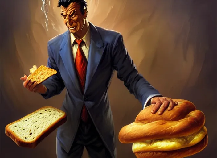 Image similar to magic : the gathering fantasy character concept art of the great businessman by marco bucci and frank frazetta, high resolution. a clear portrait of powerful, business man wearing a business suit, holding a magical briefcase overflowing with bread and toast swirling around, fantasy coloring, intricate, digital painting, artstation, smooth, sharp focus