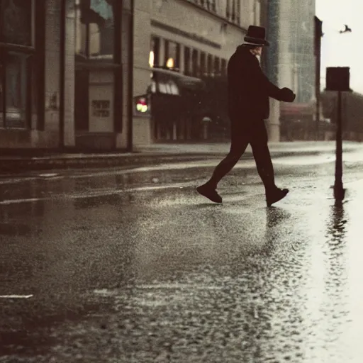 Image similar to a photograph of a man running down the street wearing a hat on a rainy day on expired kodak film, 3 5 mm