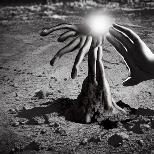 Image similar to A gigantic obsidian hand reaching out from a portal in the ground. Dark. Found footage.