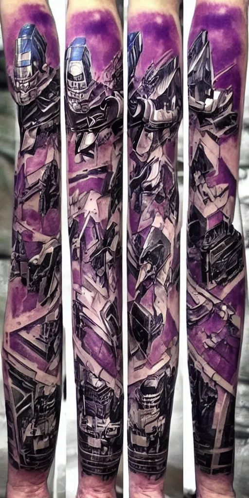 Image similar to decepticon and autobots battle leg sleeve tattoo, transformers, skywrap, soundwave, star scream, blitzwing, sunstreaker, sideswipe, intricate, symmetrical, lazer blast, sharp, high detailed, high contrast, 1 st winner, trending, polkadot!!! grunge!!! purple!! black!! red!!