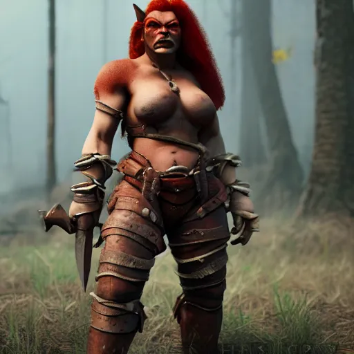 Prompt: beautiful redhead girl orc, clash royal style characters, unreal engine 5, octane render, detailed, cinematografic, cinema 4 d