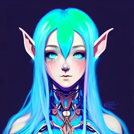 Image similar to art championship winner trending on artstation portrait of a goddess elven mecha warrior princess, head and shoulders, blue hair, matte print, pastel neon, cinematic highlights, lighting, digital art, cute freckles, digital painting, fan art, elegant, pixiv, by Ilya Kuvshinov, daily deviation, IAMAG, illustration collection aaaa updated watched premiere edition commission ✨✨✨ whilst watching fabulous artwork \ exactly your latest completed artwork discusses upon featured announces recommend achievement