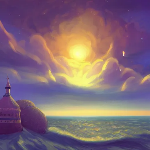 Image similar to russian khrushchevki, on the background of the sea, jupiter in the sky, super detail, digital painting, 4 k