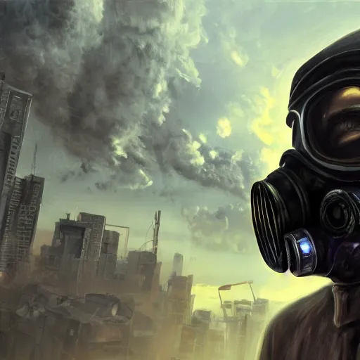 Prompt: Close up of a guy in a Gasmask, Cyberpunk city, street vendors, citizens, augmented cyborgs, robots, skyscapers, buildings, clouds, sunset, painted by seb mckinnon, high detail, digital art, trending on artstation