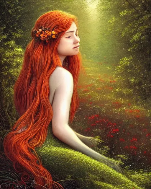 Image similar to a young woman, amazed by the lights of golden fireflies, sitting in the midst of nature fully covered, long loose red hair, intricate linework, dreamy green eyes, small nose with freckles, oval shape face, soft happy smile, realistic, expressive emotions, dramatic lights scene, hyper realistic ultrafine digital art by james jean and albert bierstadt and artgerm