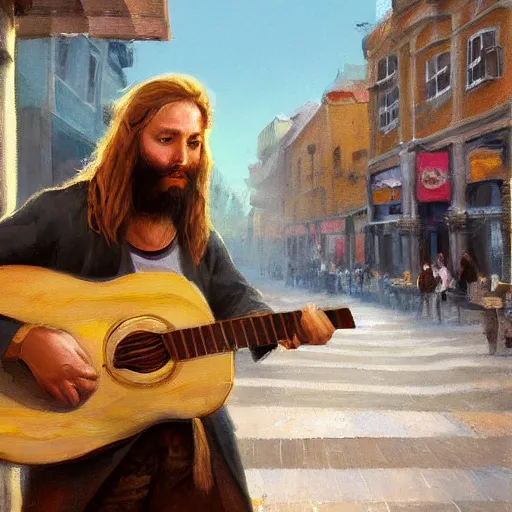 Image similar to oil painting of a young man with long hair blond and a beard hippie style with his golden retrever dog playing guitar in the square for money, people watching around, by greg rutkowski, artstation