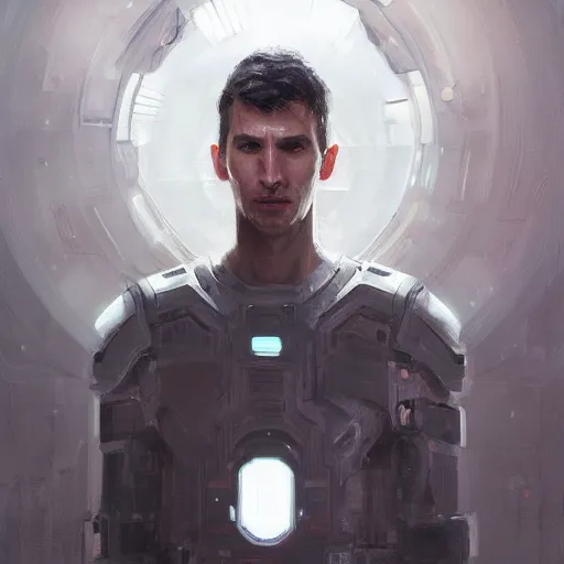 Image similar to portrait of a man by greg rutkowski, he is about 3 0 years old, short black hair with bangs, scared and incredulous, very tall and slender, he is wearing futuristic space gear, highly detailed portrait, digital painting, artstation, concept art, smooth, sharp foccus ilustration, artstation hq