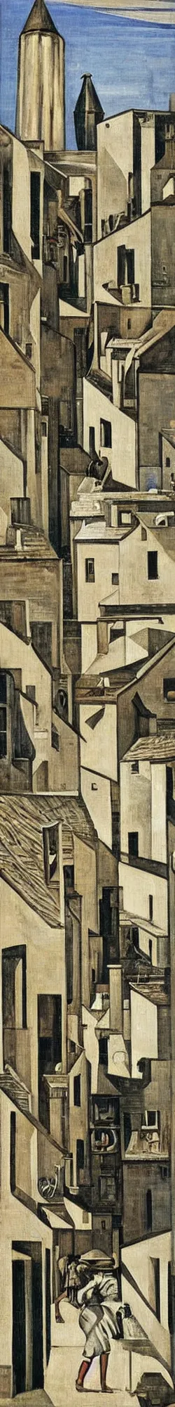 Image similar to a painting of street life in kirkwall, orkney, people,houses, by Giorgio de Chirico