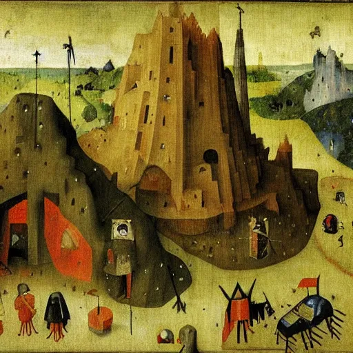 Image similar to night in a minecraft cave, by hieronymous bosch