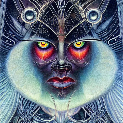 Image similar to beautiful closeup portrait of an art deco witch, glowing eyes. reflective detailed textures, moth wings, highly detailed dark fantasy science fiction painting by michael whelan and diego rivera and annie swynnerton and jean delville, elaborate geometric ornament, ancient runes, silver and cool colors. artstation