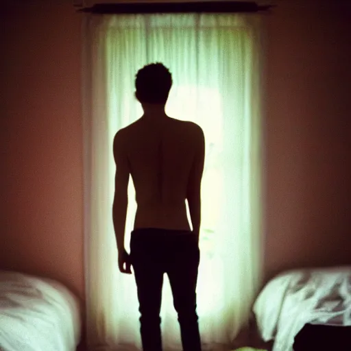 Image similar to kodak portra 4 0 0 photograph of a skinny blonde guy standing in cluttered 9 0 s bedroom, back view, moody lighting, telephoto, 9 0 s vibe, blurry background, vaporwave colors, faded!,