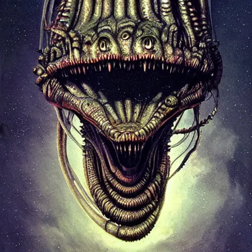 Image similar to space alien, slimy, glossy, sharp teeth, by h. r. giger, beksinski, nightmare fuel, nightmarish, intricate, highly detailed, optical illusion, stranger things demogorgon, cave lighting, flickering