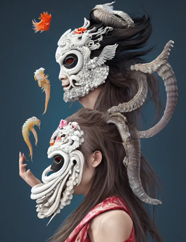 Image similar to 3 d slvic goddess half - turn portrait with long hair with ram skull. beautiful intricately detailed japanese crow kitsune mask and clasical japanese kimono. betta fish, jellyfish phoenix, bio luminescent, plasma, ice, water, wind, creature, artwork by tooth wu and wlop and beeple and greg rutkowski