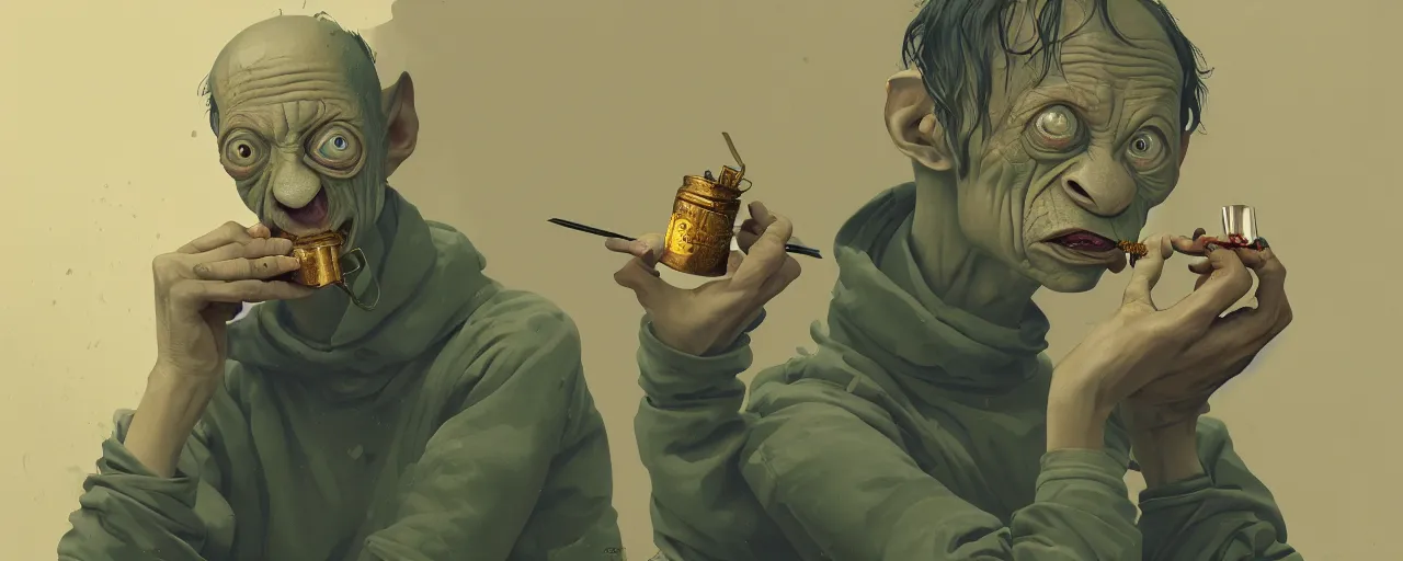 Image similar to duotone olive illustration 3 / 4 portrait of gollum drinking yerba mate from silver metal cup symmetrical composition accidental renaissance golden ratio. by sachin teng and sergey kolesov and ruan jia and heng z. graffiti art, scifi, fantasy, hyper detailed. octane render. concept art. trending on artstation