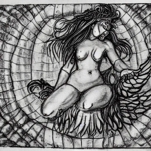 Prompt: a mythological sketch of a siren in a detailed survival journal