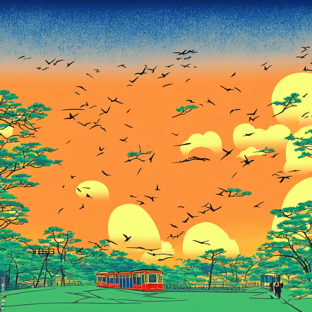 Image similar to japanese countryside landscape, tram, sunset, birds flying in the sky, hand drawn anime style