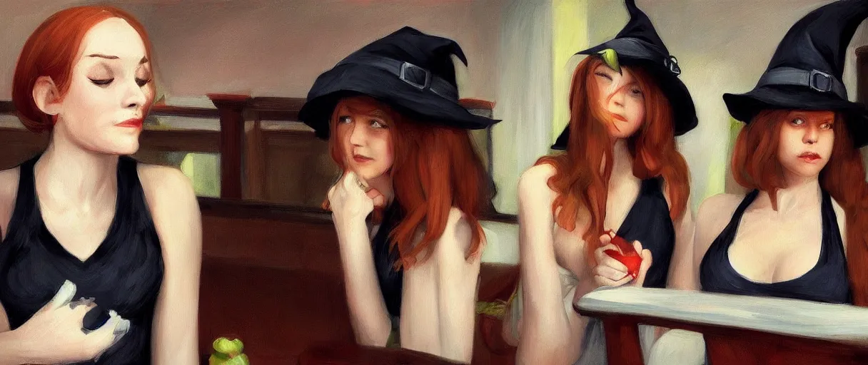 Image similar to a realistic flirty witch sisters portrait, by edward hopper, new artstation artist,