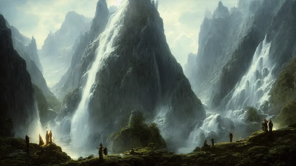 Image similar to elven spire above the great alpine waterfall. andreas achenbach, artgerm, mikko lagerstedt, zack snyder, tokujin yoshioka