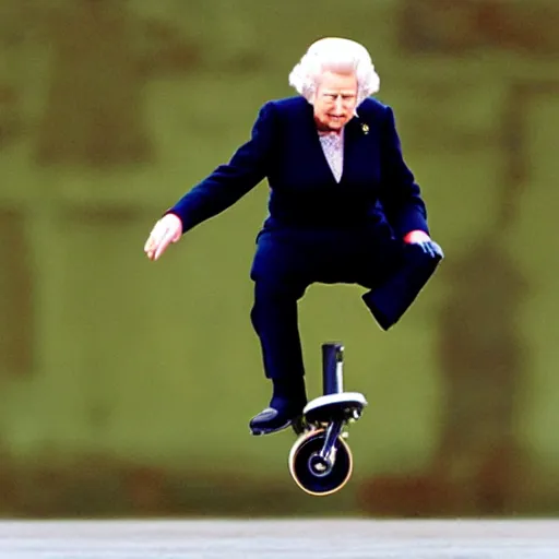 Prompt: queen elisabeth ii doing a kickflip