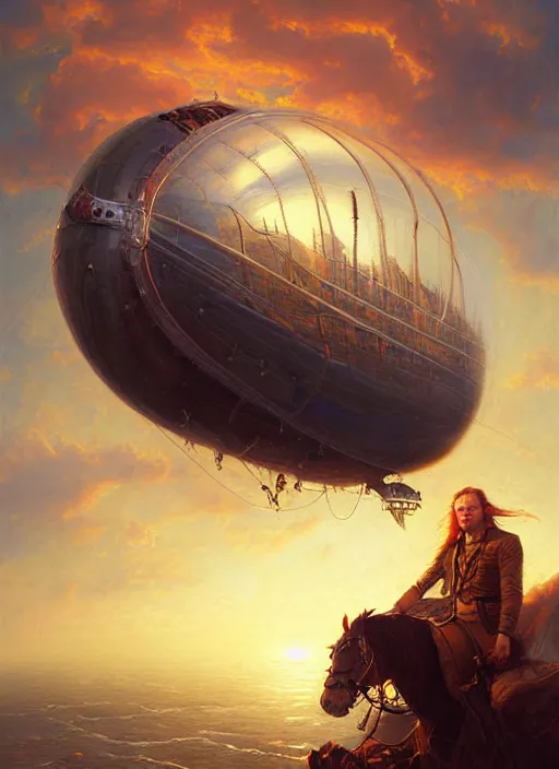 Image similar to portrait painting of a handsome face rugged long hair crimson hair male captain, top half portrait soft hair steampunk ornate mechanical zeppelin blimp airship in the background sky sunset golden hour fantasy soft hair deviantart book cover art dramatic volumetric lighting art by wlop greg rutkowski gaston bussiere