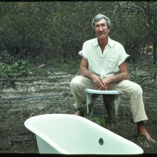 Image similar to autochrome photograph of Randy Mantooth sitting in a bathtub filled with mud under a tree