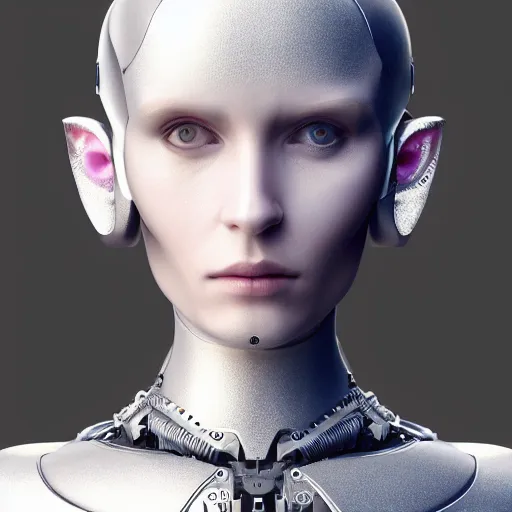 Prompt: beautiful eva elfie biomechanical goddess woman, chimeric organism, pale skin, organic polycarbon, full frontal portrait, ex machina, highly detailed, transhumanist, mendelbrot fractal, ray tracing, hyperdetailed, hyperrealistic, trending on artstation, oppai cyberpunk, octane render, hdr, uhd 4k