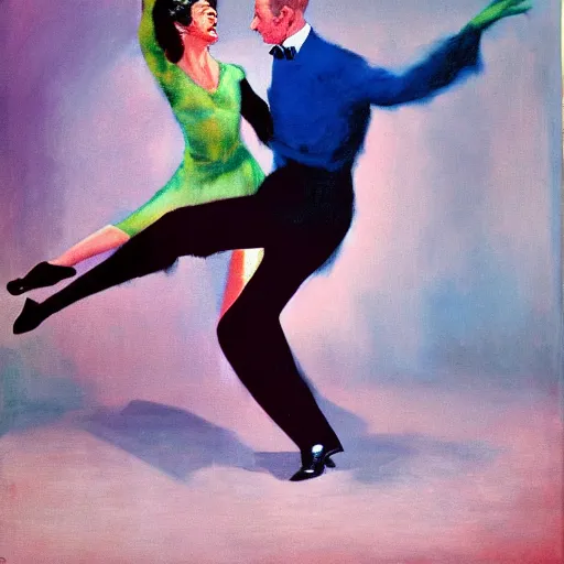 Image similar to cyd charisse and fred astaire dancing, colorful, francis bacon painting