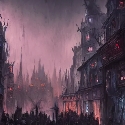 Image similar to fantasy dark medieval cityscape, painting, drone shot, lights in the dark, lanterns, fog, people in the streets, sharp roofs, small buildings, city wall, smoke, dark fantasy, magic the gathering, fantastic artwork, 4 k, trending on artstation, by greg rutkovski, high fantasy, barren landscape, fountains of blood