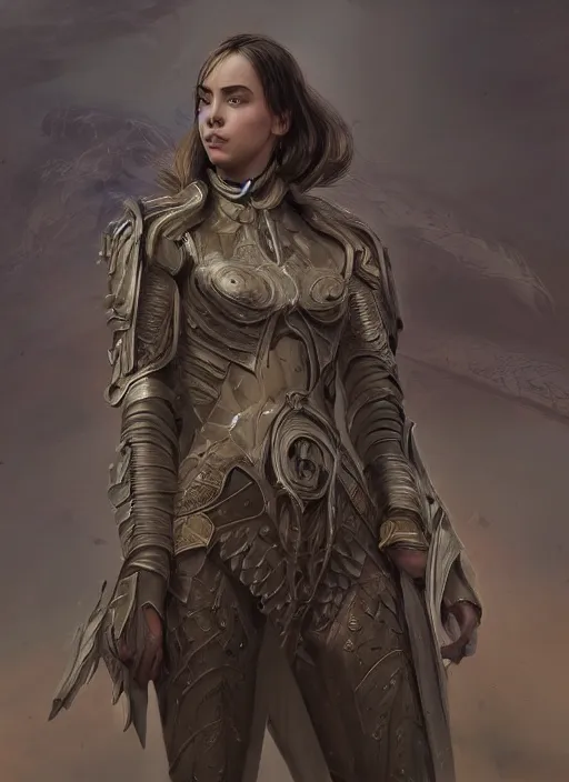 Image similar to a professional portrait of a beautiful young female, clothed in ethereal battle armor, olive skin, long dark hair, beautiful bone structure, symmetrical facial features, intricate, elegant, digital painting, concept art, smooth, sharp focus, finely detailed, illustration, from Valerian and the City of a Thousand Planets, in the style of Ruan Jia and Mandy Jurgens and Artgerm and Greg Rutkowski and William-Adolphe Bouguerea