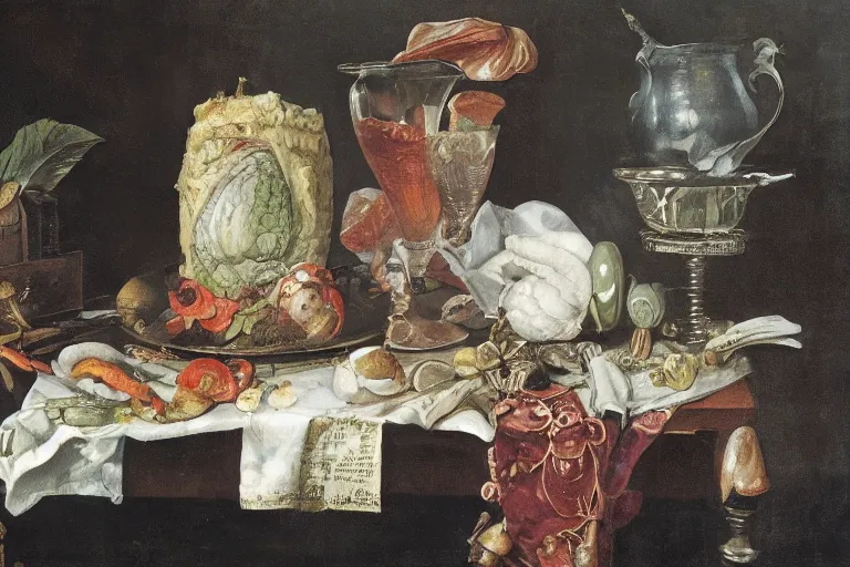 Image similar to a vanitas painting from the 21st century by clara peeters and pieter claesz with an NVIDIA RTX GPU, Graphics card, silicone, dead animals, a smartphone, screens, tiktok, AirPods, cables, wires