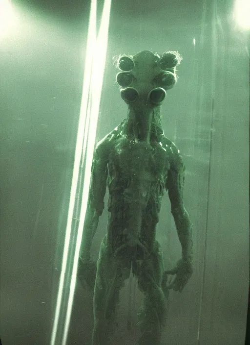 Image similar to a weird humanoid creature is suspended in a tank of dense liquid, weightlessness, tubes coming from the top of the tank connecting to the creature's body, back lit, blinding green glow creates a lens flare, 35 mm film photography