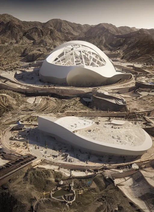 Image similar to bioremediation white mining tailing futuristic architecture in chuquicamata, epic, cinematic, hyperealistic, high detailed, corona render, hdr, ray tracing