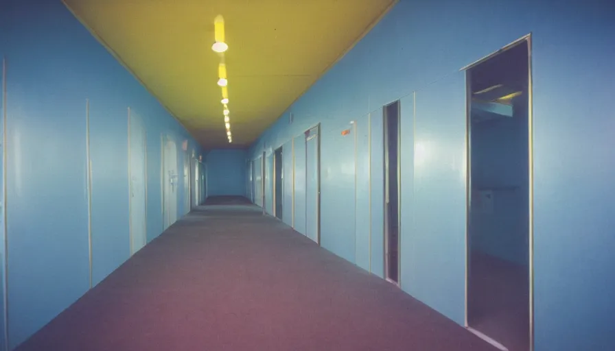 Image similar to 60s movie still of an empty sauna corridor fade yellow light and light blue tiles floor in the backrooms, exit signs with random arrows everywhere, cinestill 800t 50mm eastmancolor, liminal Space style, heavy grain