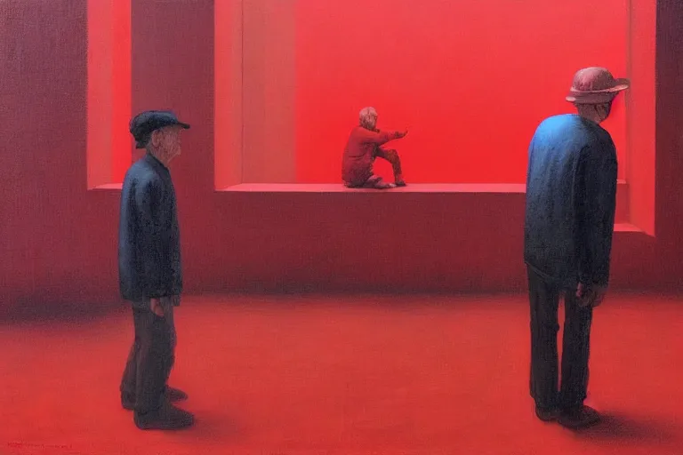 Prompt: only with red, a red old man try to sell a portrait, a crowd cheering, in a city square, in the style of beksinski, parts by edward hopper, parts by rodcenko, parts by yue minjun, intricate and epic composition, red by caravaggio, insanely quality, highly detailed, masterpiece, red light, artstation, 4 k