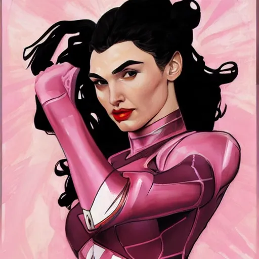 Prompt: a moderne painting of gal gadot as the pink power ranger in the style of charlie bowater, and in the style of alphonse mucha. sharp focus, semi - realism, intricate detail.