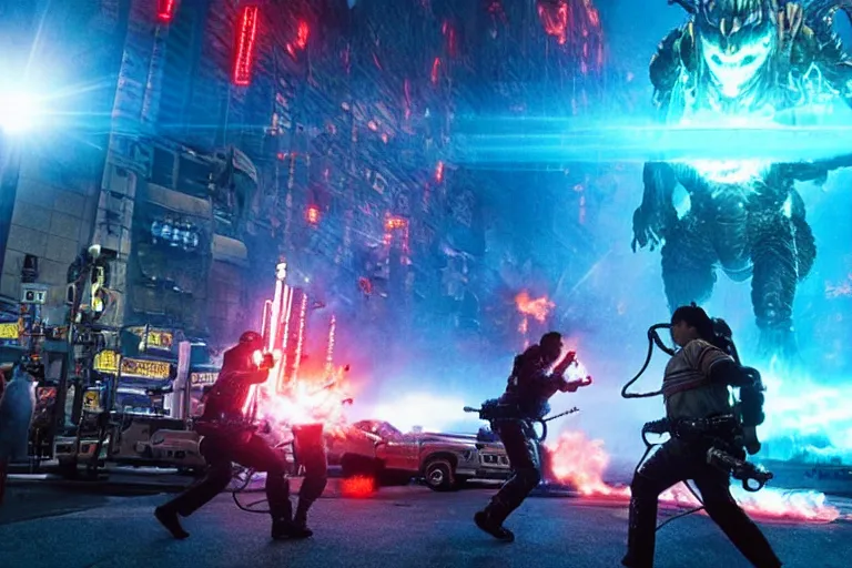 Image similar to film still of the ghostbusters fighting a kaiju in tokyo in the new pacific rim king of the monsters movie
