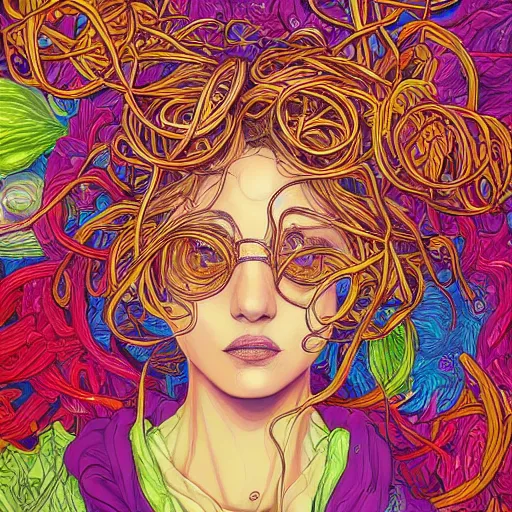 Image similar to the portrait of a ridiculously beautiful and pretty woman partially made of onion rings of all colors looking up, an ultrafine detailed illustration by james jean, final fantasy, intricate linework, bright colors, behance contest winner, vanitas, angular, altermodern, unreal engine 5 highly rendered, global illumination, radiant light, detailed and intricate environment